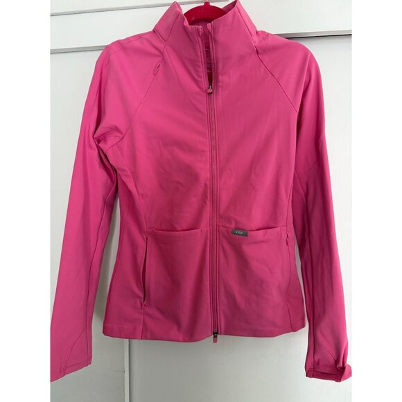 FIGS F'ING PINK WOMENS CONTOUR KNIT JACKET SZ MEDIUM BREAST CANCER AWARENESS - Picture 1 of 2